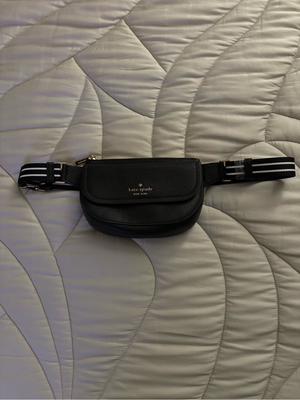 Kate Spade black pebbled leather belt bag with striped strap
